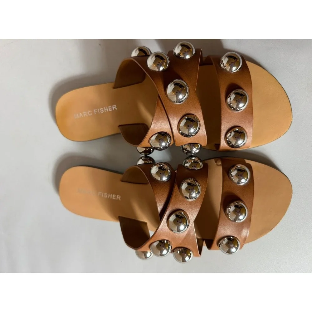 Marc Fisher Bryte 2 Slide Sandals Brown Faux Leather Silver Studded Size 6M